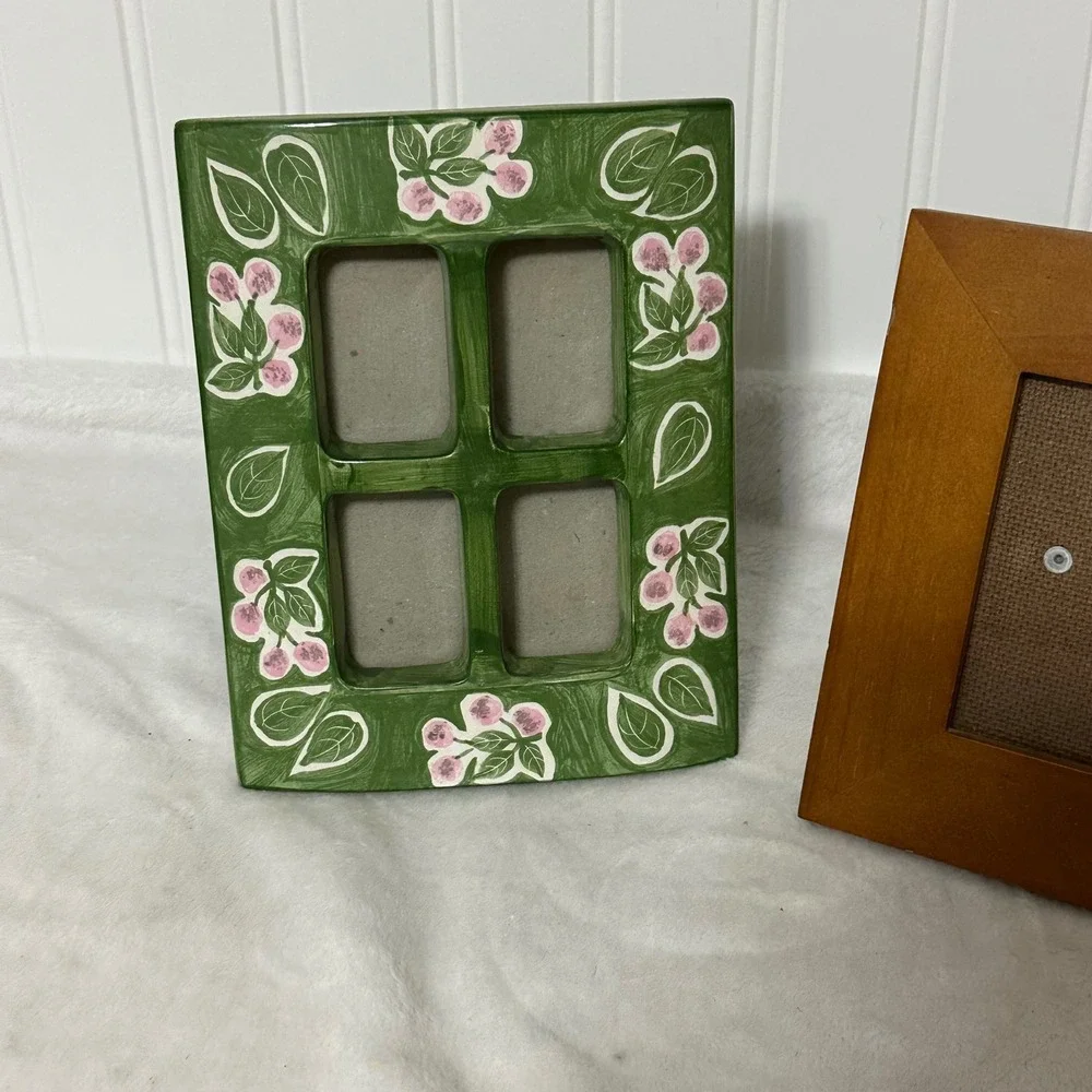 Melannco‎ Ceramic Floral & Wood Family Picture Frame Set Green Brown Excellent